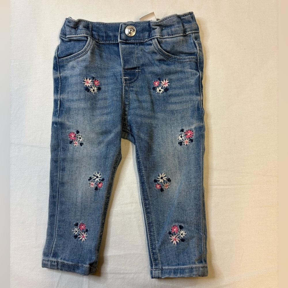 H&M Blue Denim Jeans with Pink & White Flower Embroidery